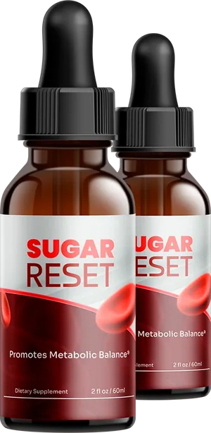 Two Sugar Reset amber glass dropper bottles with black droppers and white and dark red labels showing red blood cells