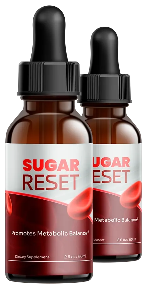 Two Sugar Reset amber dropper bottles with white and dark red labels