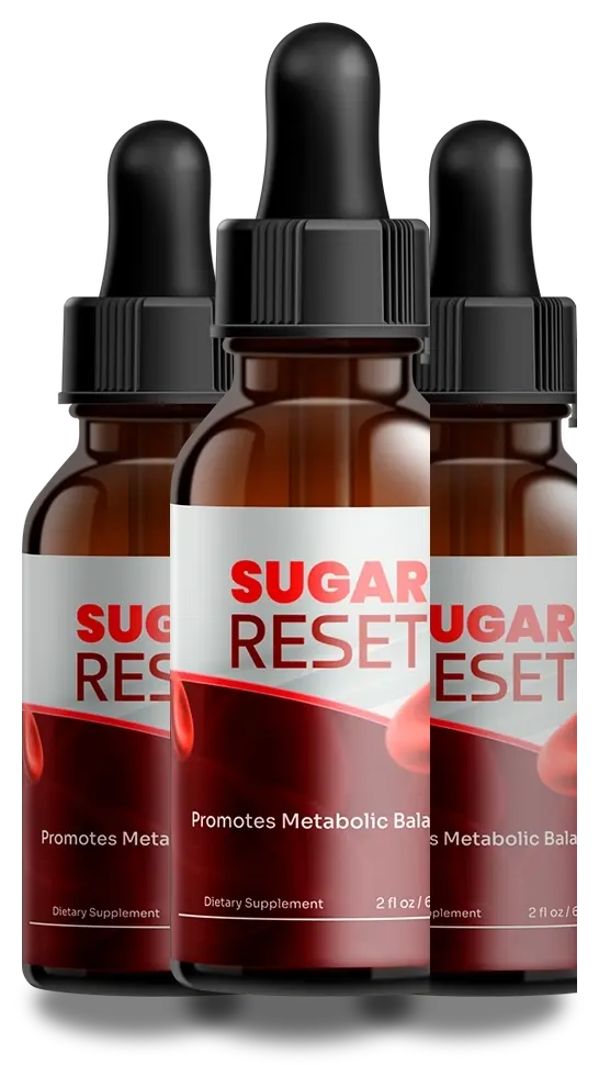 Three Sugar Reset dropper bottles, one in front of two