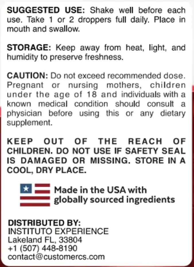 The left panel of the Sugar Reset label: suggested use, storage, caution, warnings, made in the USA line and the distributor