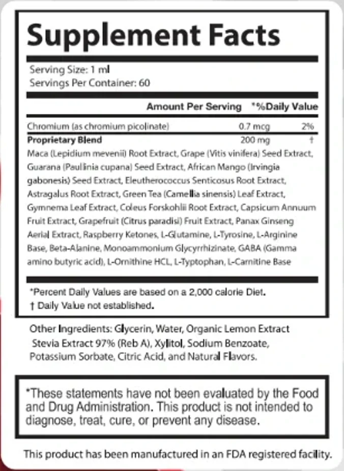 The Sugar Reset Supplement Facts panel: 1 mL per serving, 60 servings, chromium 0.7 mcg (2% DV), a 200 mg proprietary blend of 22 ingredients and the other ingredients