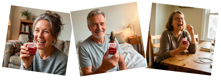 Three smiling older models holding Sugar Reset bottles