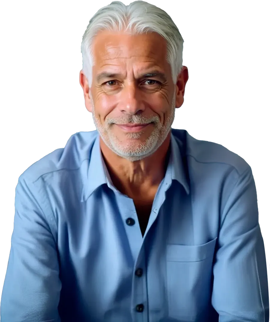 A smiling gray-haired man in a blue shirt, a photo from the Sugar Reset sales page's image set