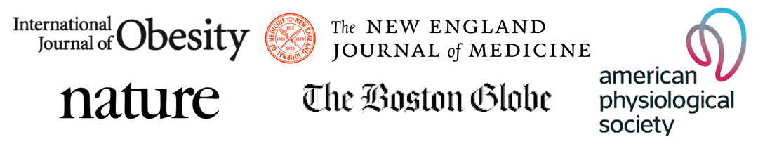 A dark strip of logos: International Journal of Obesity, NEJM, Nature, The Boston Globe and the American Physiological Society