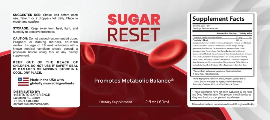 The full Sugar Reset label laid flat: directions and warnings on the left, the SUGAR RESET wordmark with red blood cells in the middle, Supplement Facts on the right
