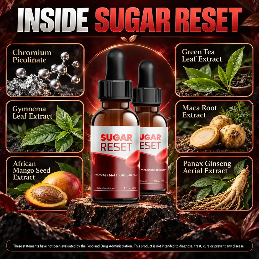Brand graphic Inside Sugar Reset: two bottles between six tiles for chromium picolinate, gymnema leaf, African mango seed, green tea leaf, maca root and Panax ginseng aerial extract