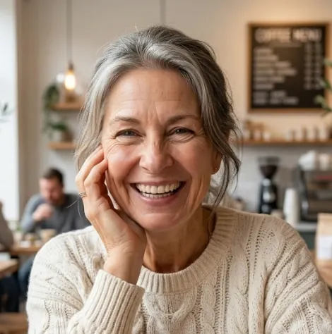 A smiling woman sitting in a cafe