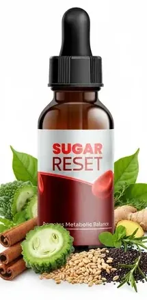 Brand scene: a Sugar Reset bottle surrounded by cinnamon sticks, a bitter melon, seeds and leaves