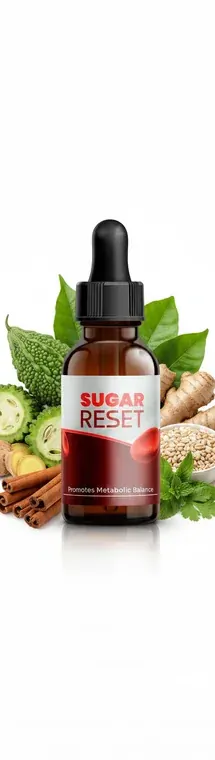 Brand art of a small Sugar Reset bottle standing among fresh herbs and cinnamon sticks on a white background