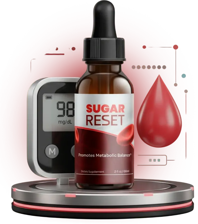 Brand art: a Sugar Reset bottle on a silver pedestal in front of a glucose meter showing 98 mg/dL and a red drop