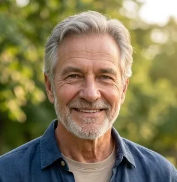 A smiling older man with gray hair and a blue shirt outdoors among green trees