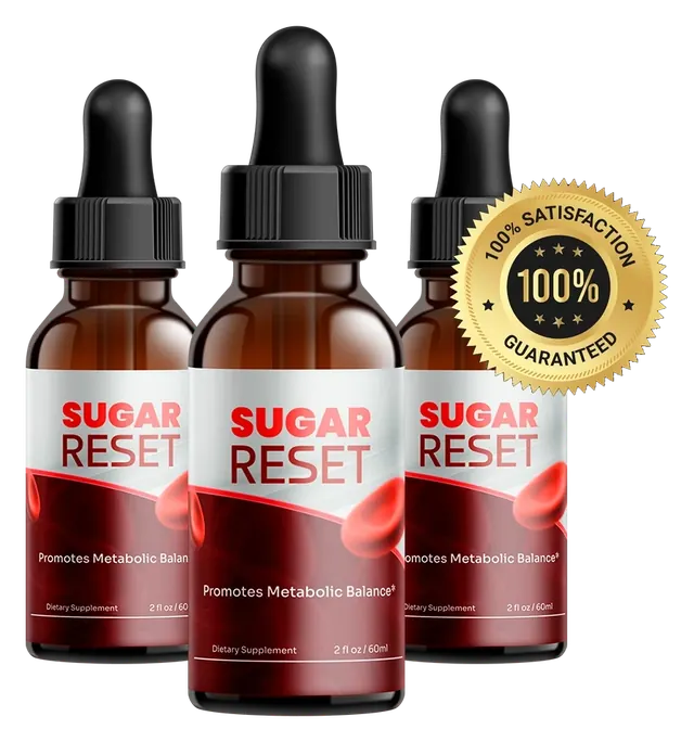 Three Sugar Reset bottles with a gold 100% satisfaction guaranteed seal