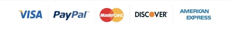 A row of payment logos: Visa, PayPal, Mastercard, Discover and American Express